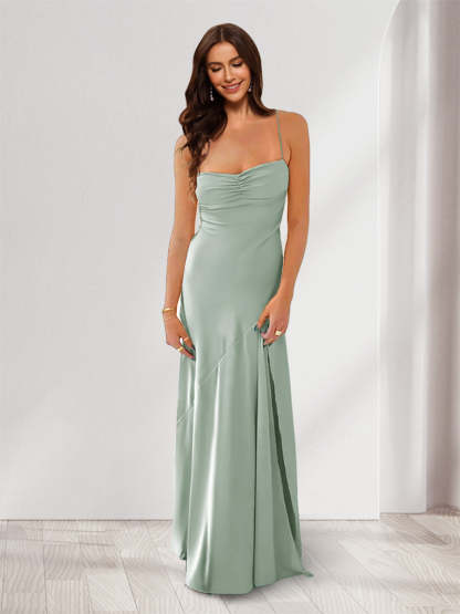 Sheath Column Spaghetti Straps Pleated Long Bridesmaid Dresses with Split Side