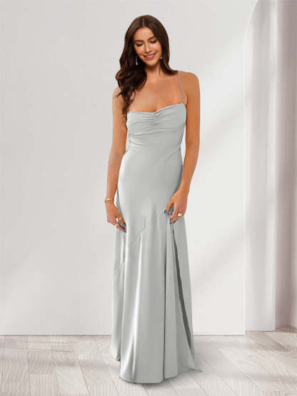 Sheath Column Spaghetti Straps Pleated Long Bridesmaid Dresses with Split Side