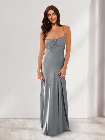 Sheath Column Spaghetti Straps Pleated Long Bridesmaid Dresses with Split Side