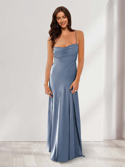 Sheath Column Spaghetti Straps Pleated Long Bridesmaid Dresses with Split Side
