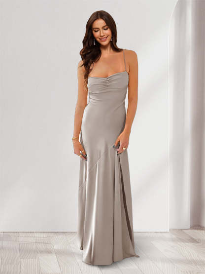 Sheath Column Spaghetti Straps Pleated Long Bridesmaid Dresses with Split Side