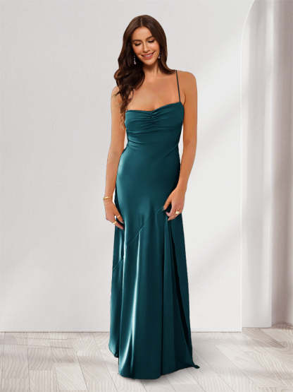 Sheath Column Spaghetti Straps Pleated Long Bridesmaid Dresses with Split Side