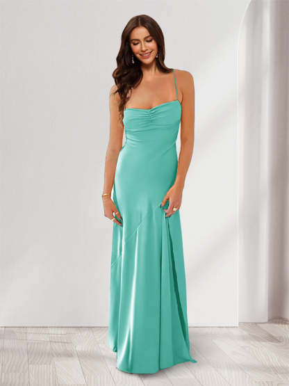 Sheath Column Spaghetti Straps Pleated Long Bridesmaid Dresses with Split Side
