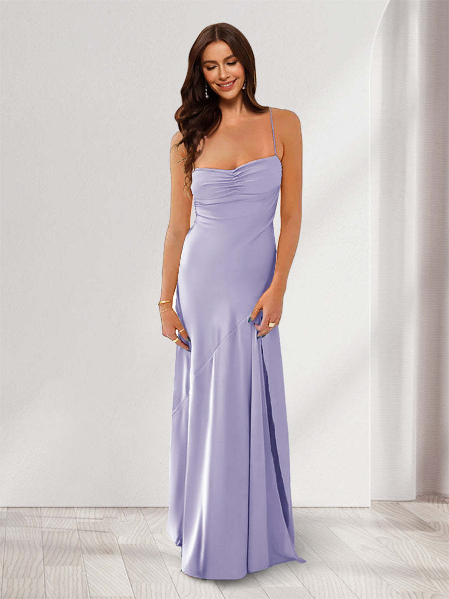 Sheath Column Spaghetti Straps Pleated Long Bridesmaid Dresses with Split Side
