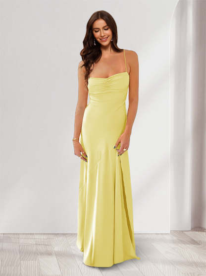 Sheath Column Spaghetti Straps Pleated Long Bridesmaid Dresses with Split Side