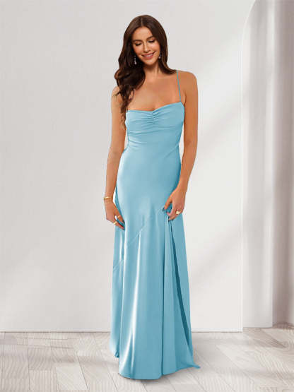 Sheath Column Spaghetti Straps Pleated Long Bridesmaid Dresses with Split Side