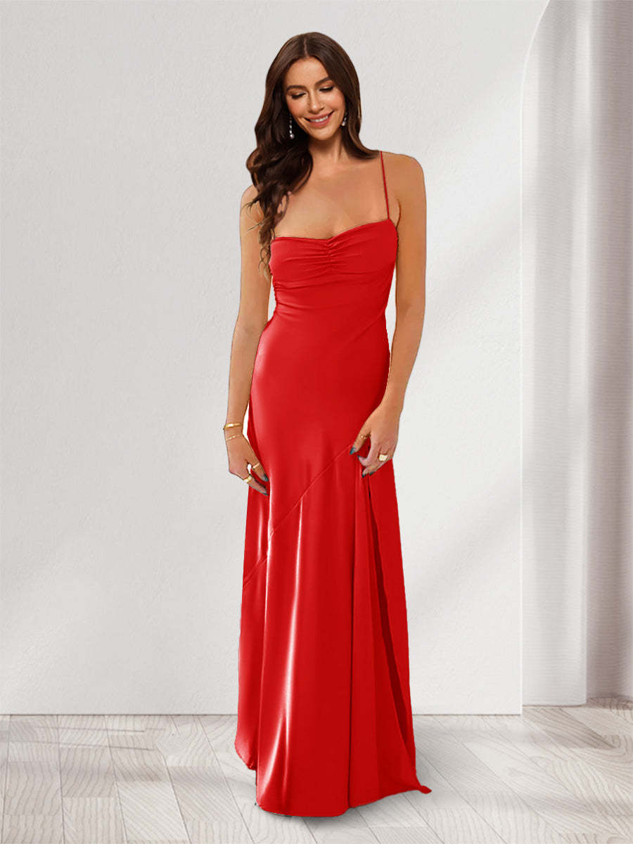 Sheath Column Spaghetti Straps Pleated Long Bridesmaid Dresses with Split Side