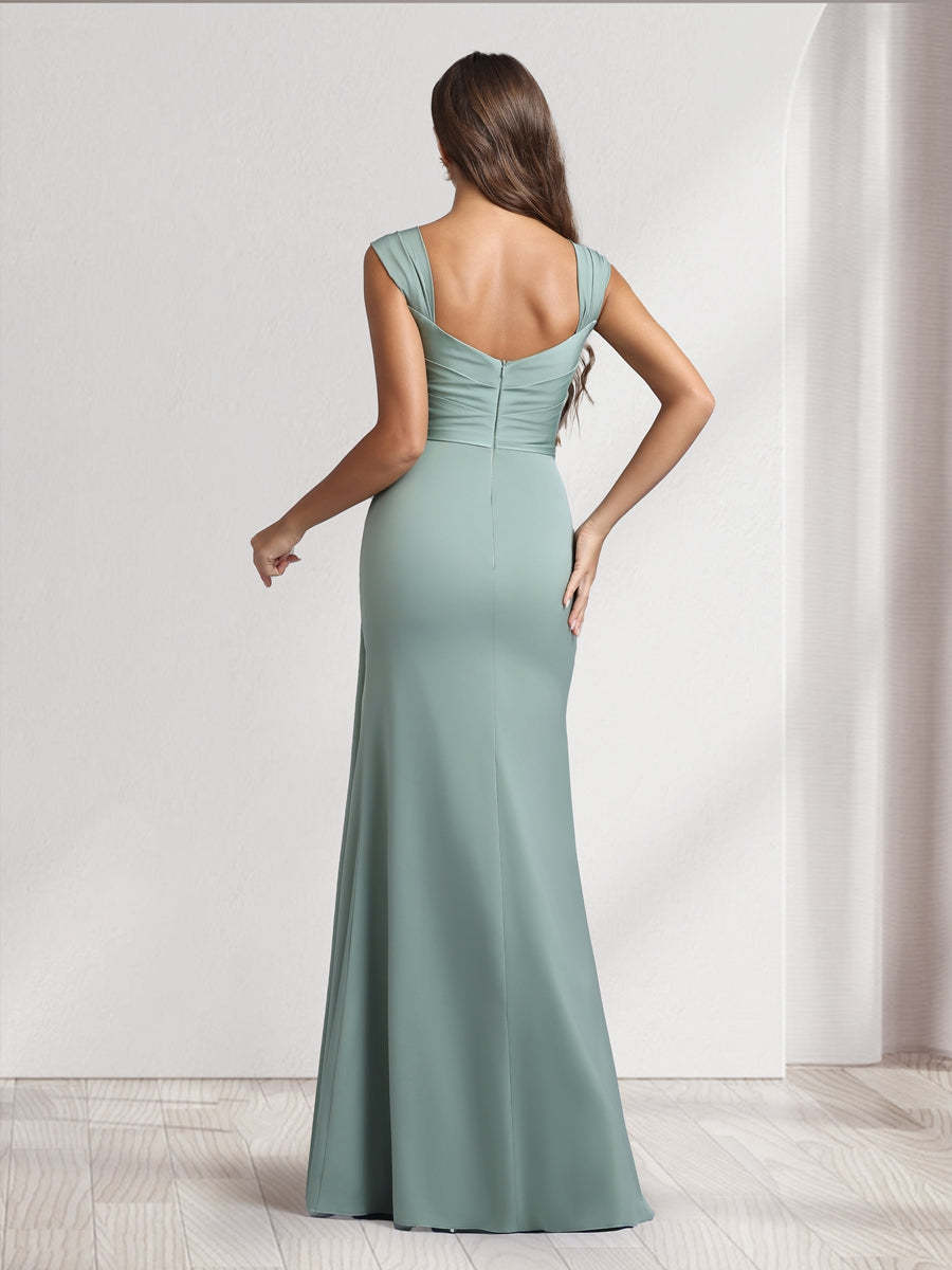 Sheath Column Square Neck Long Ruched Bridesmaid Dresses with Split Side