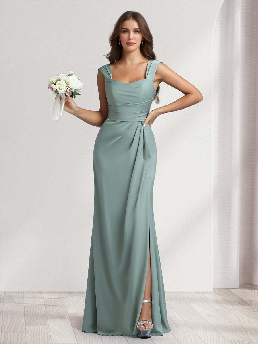Sheath Column Square Neck Long Ruched Bridesmaid Dresses with Split Side