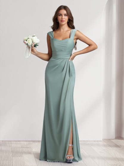 Sheath Column Square Neck Long Ruched Bridesmaid Dresses with Split Side