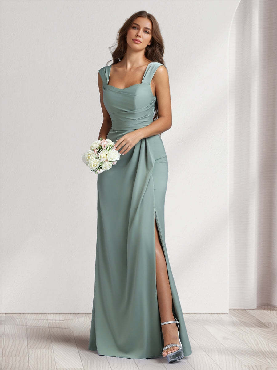 Sheath Column Square Neck Long Ruched Bridesmaid Dresses with Split Side