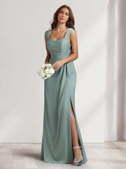 Sheath Column Square Neck Long Ruched Bridesmaid Dresses with Split Side