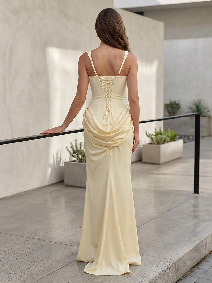 Sheath Column Square Neck Sleeveless Floor Length Bridesmaid Dresses with Ruched