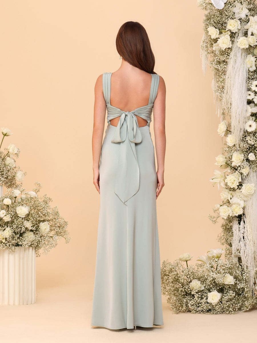 Sheath Column Square Neck Sleeveless Floor Length Ruched Bridesmaid Dresses With Side Slit