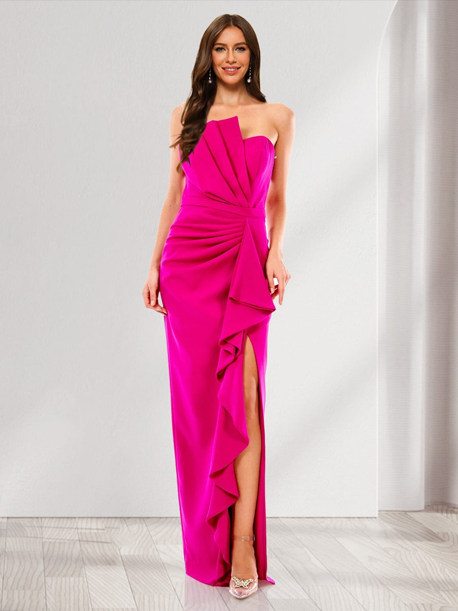Sheath Column Strapless Sleeveless Split Side Bridesmaid Dresses