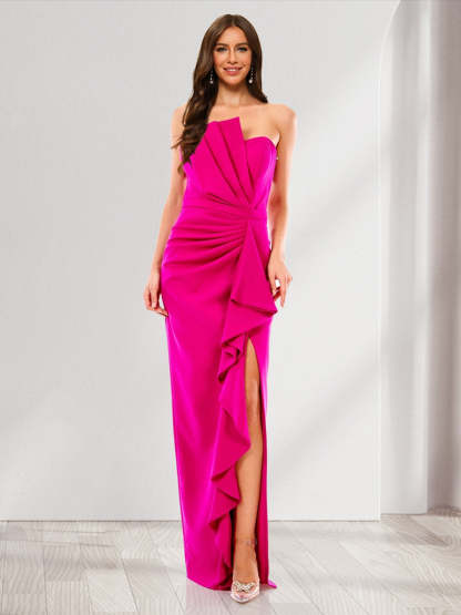 Sheath Column Strapless Sleeveless Split Side Bridesmaid Dresses