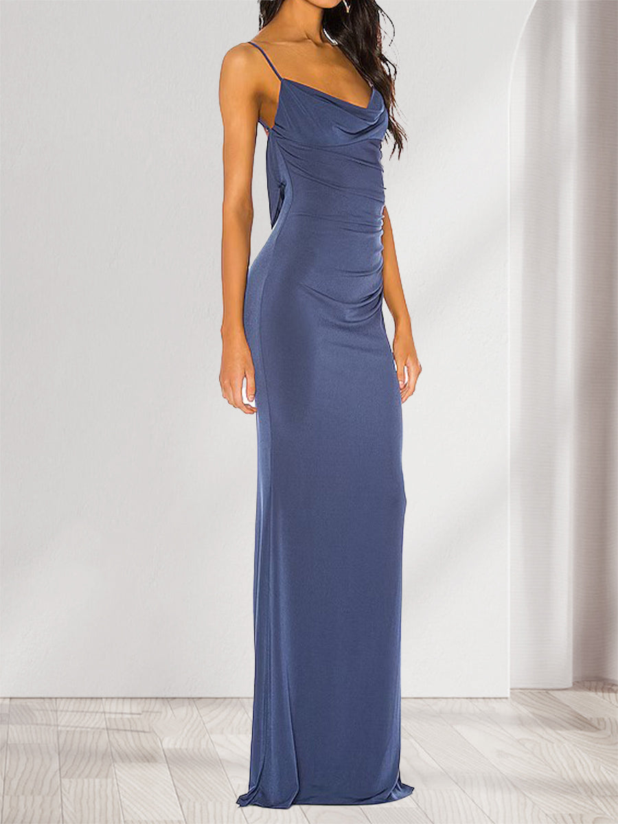 Sheath Column Straps Cowl Neck Backless Floor Length Long Bridesmaid Dresses with Lace