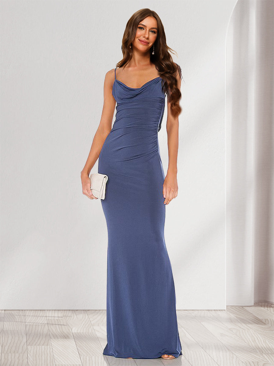 Sheath Column Straps Cowl Neck Backless Floor Length Long Bridesmaid Dresses with Lace