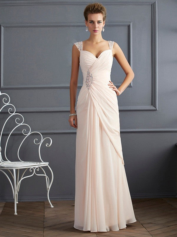 Sheath/Column Straps Sleeveless Beading Long Chiffon Prom Evening Dresses
