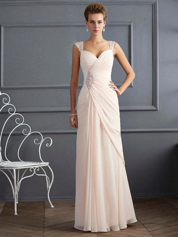 Sheath/Column Straps Sleeveless Beading Long Chiffon Prom Evening Dresses
