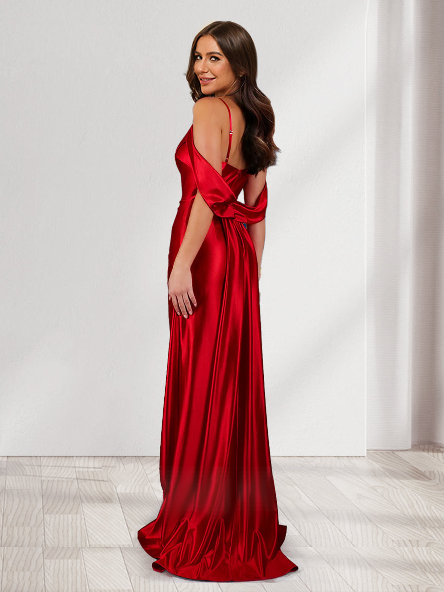 Sheath Column V Neck Cold Shoulder Ruched Bridesmaid Dresses with Split Side
