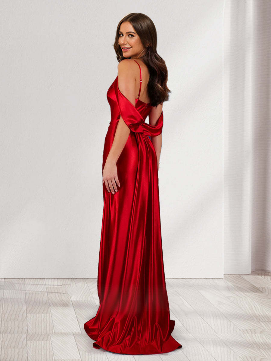 Sheath Column V Neck Cold Shoulder Ruched Bridesmaid Dresses with Split Side
