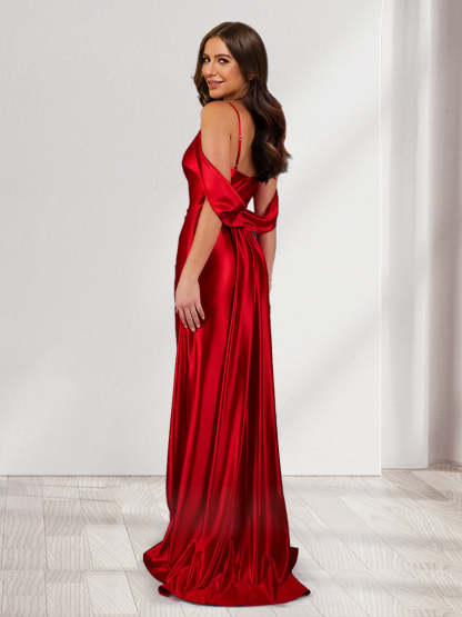 Sheath Column V Neck Cold Shoulder Ruched Bridesmaid Dresses with Split Side
