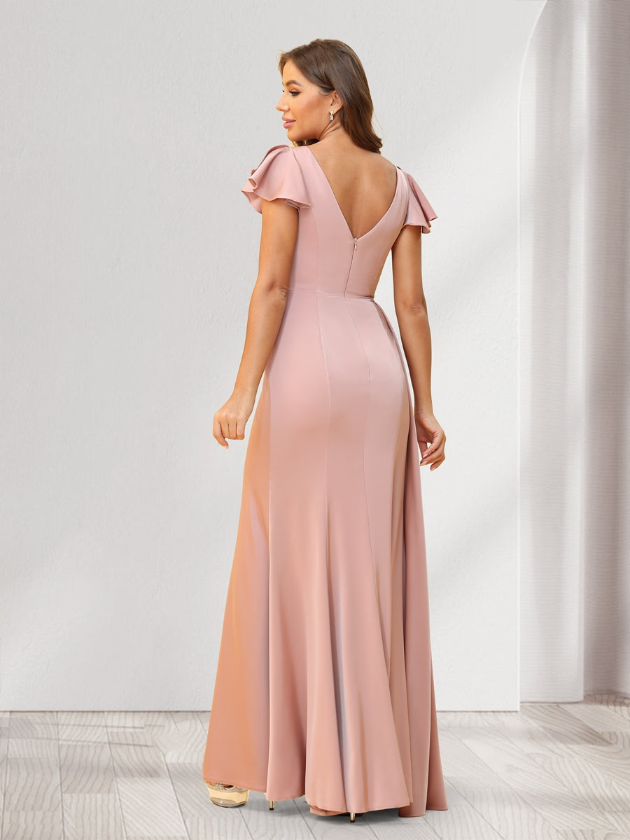Sheath Column V Neck Floor Length Ruched Bridesmaid Dresses With Ruffles Split Side