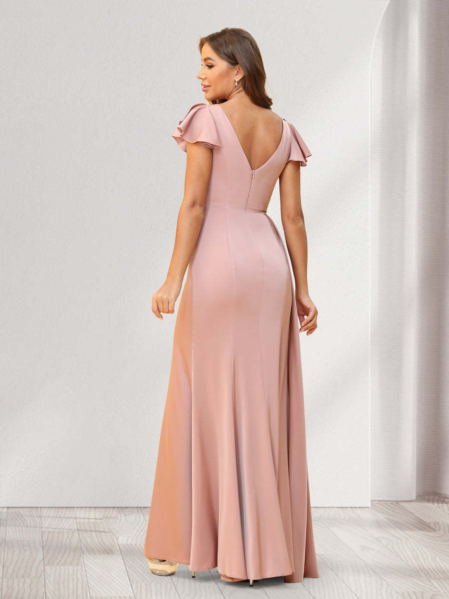 Sheath Column V Neck Floor Length Ruched Bridesmaid Dresses With Ruffles Split Side