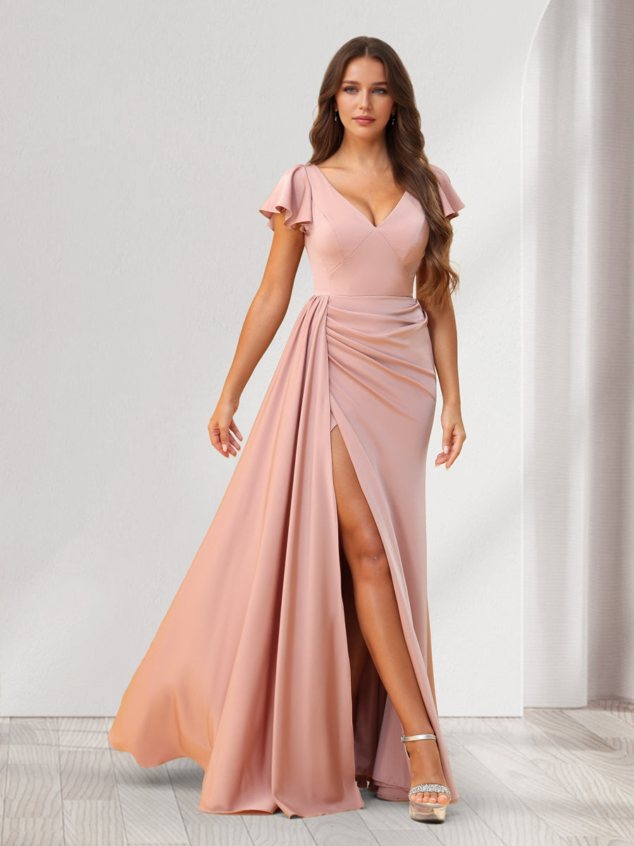 Sheath Column V Neck Floor Length Ruched Bridesmaid Dresses With Ruffles Split Side