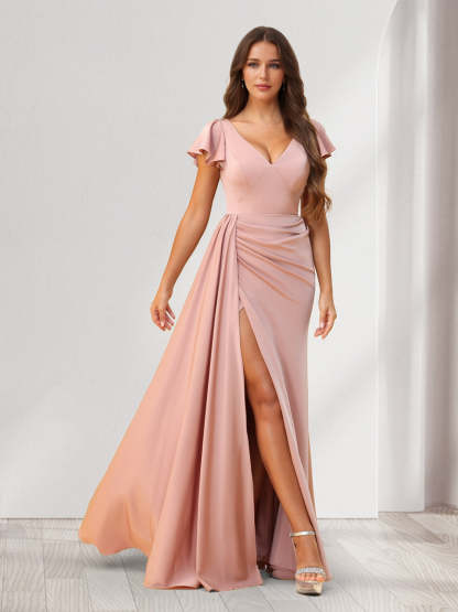 Sheath Column V Neck Floor Length Ruched Bridesmaid Dresses With Ruffles Split Side