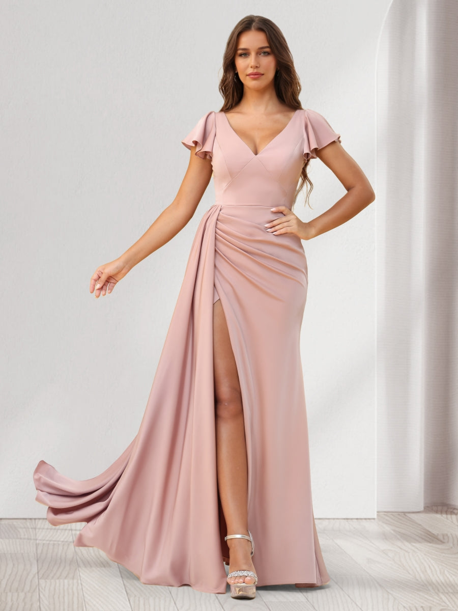 Sheath Column V Neck Floor Length Ruched Bridesmaid Dresses With Ruffles Split Side