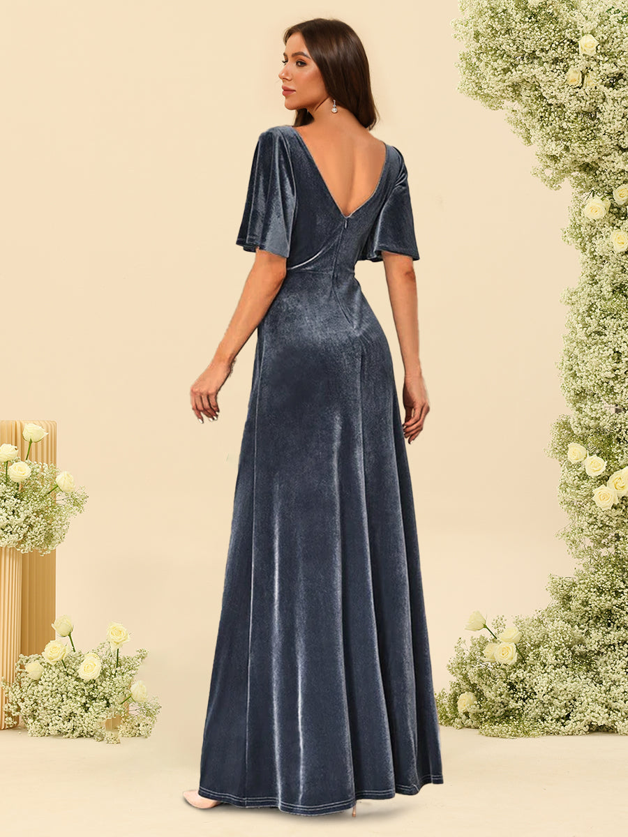 Sheath Column V Neck Half Sleeves Ruffles Bridesmaid Dresses