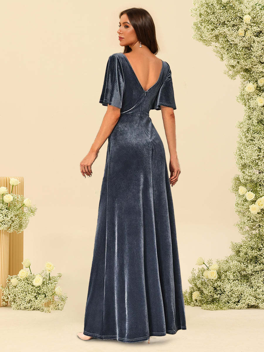 Sheath Column V Neck Half Sleeves Ruffles Bridesmaid Dresses