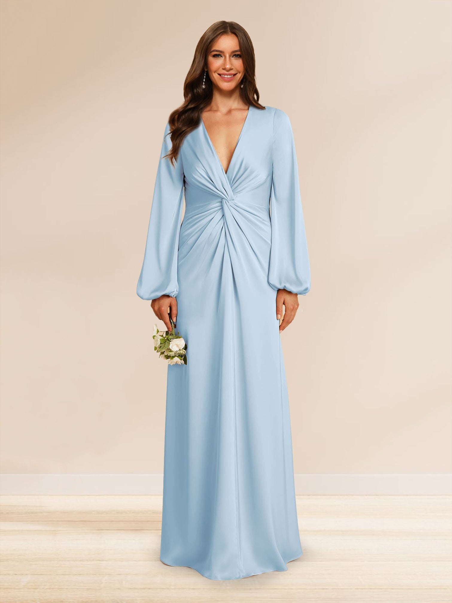 Sheath Column V Neck Long Sleeves Long Ruched Bridesmaid Dresses