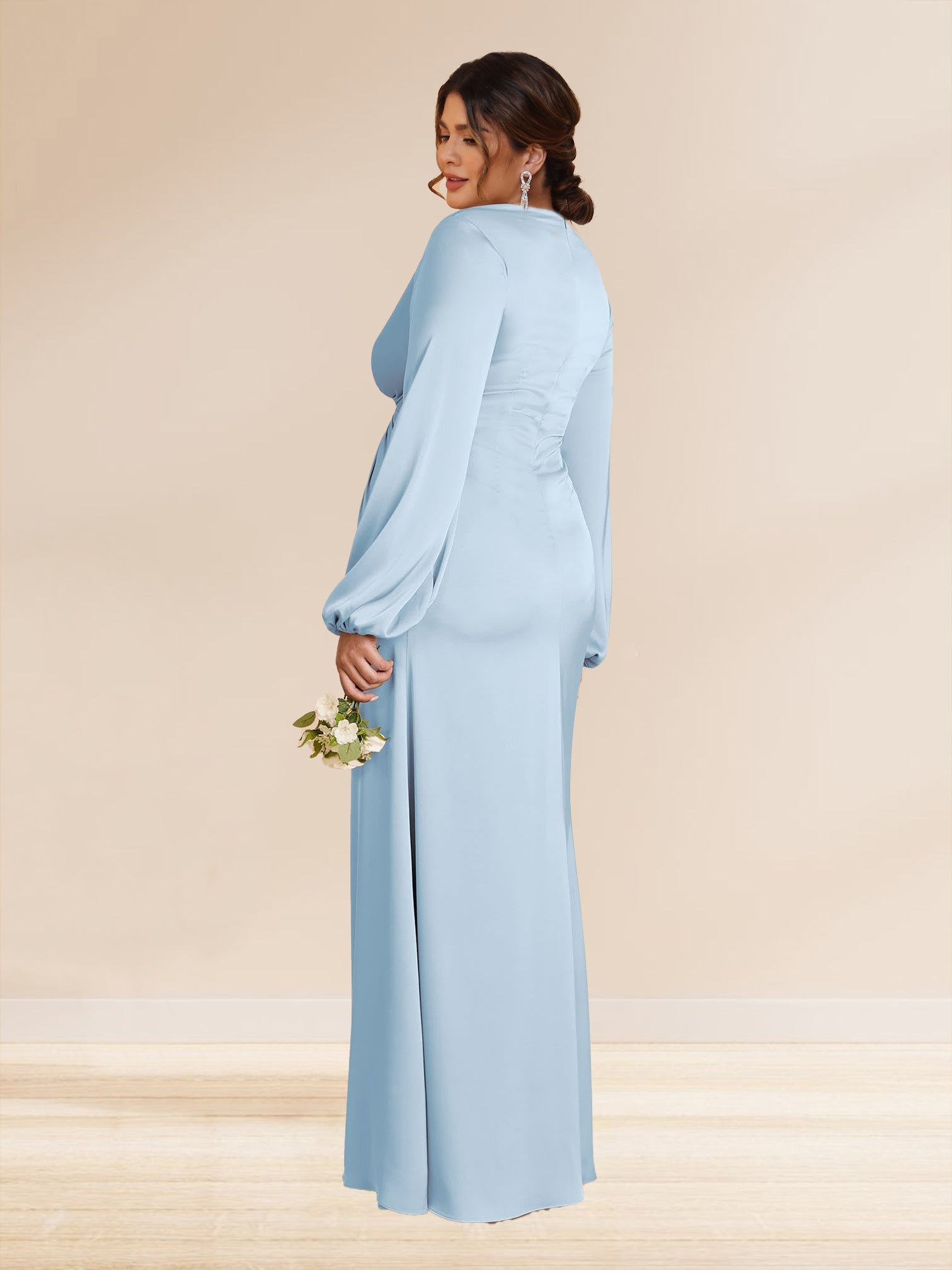 Sheath Column V Neck Long Sleeves Long Ruched Plus Size Bridesmaid Dresses