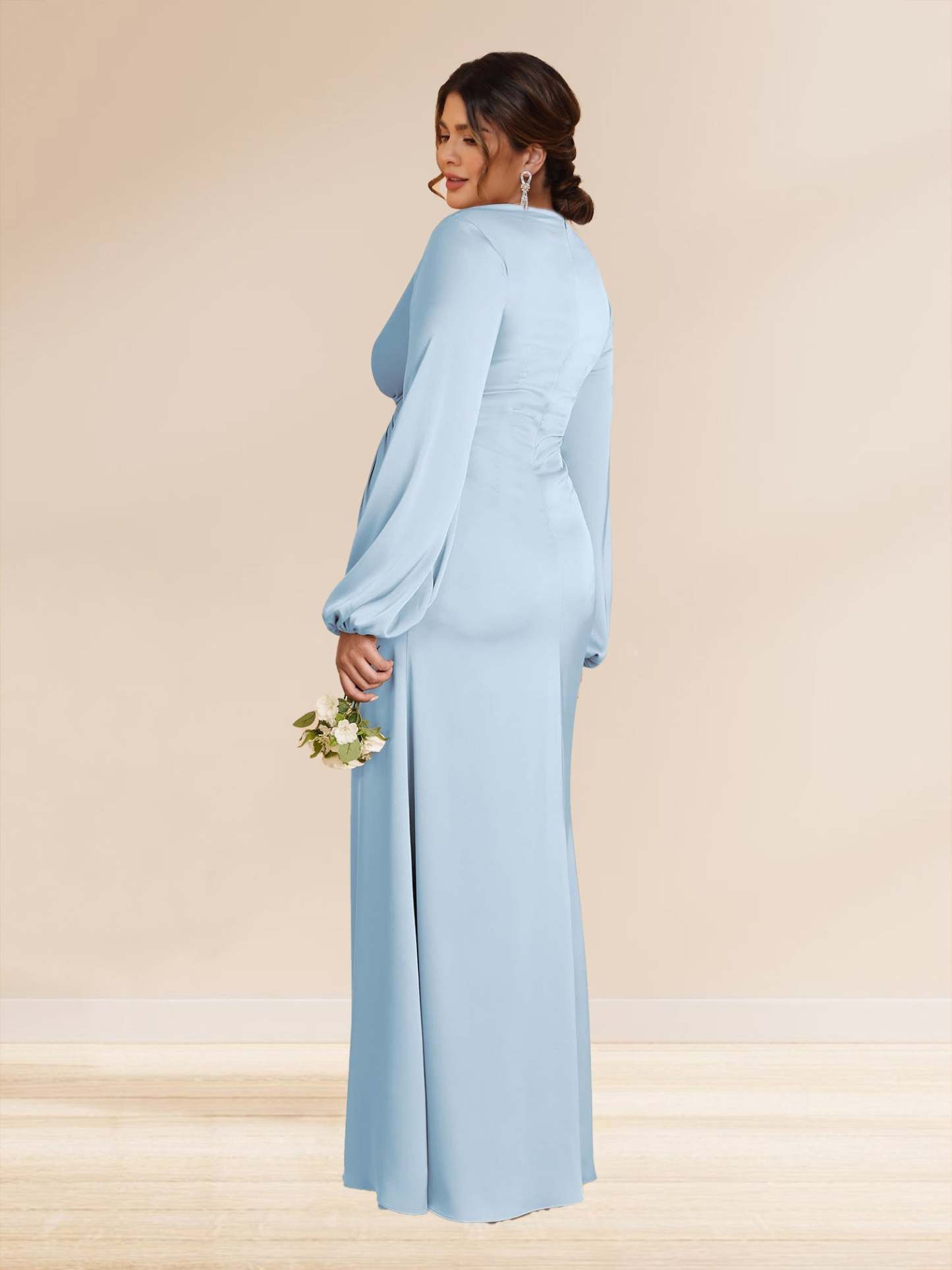 Sheath Column V Neck Long Sleeves Long Ruched Plus Size Bridesmaid Dresses