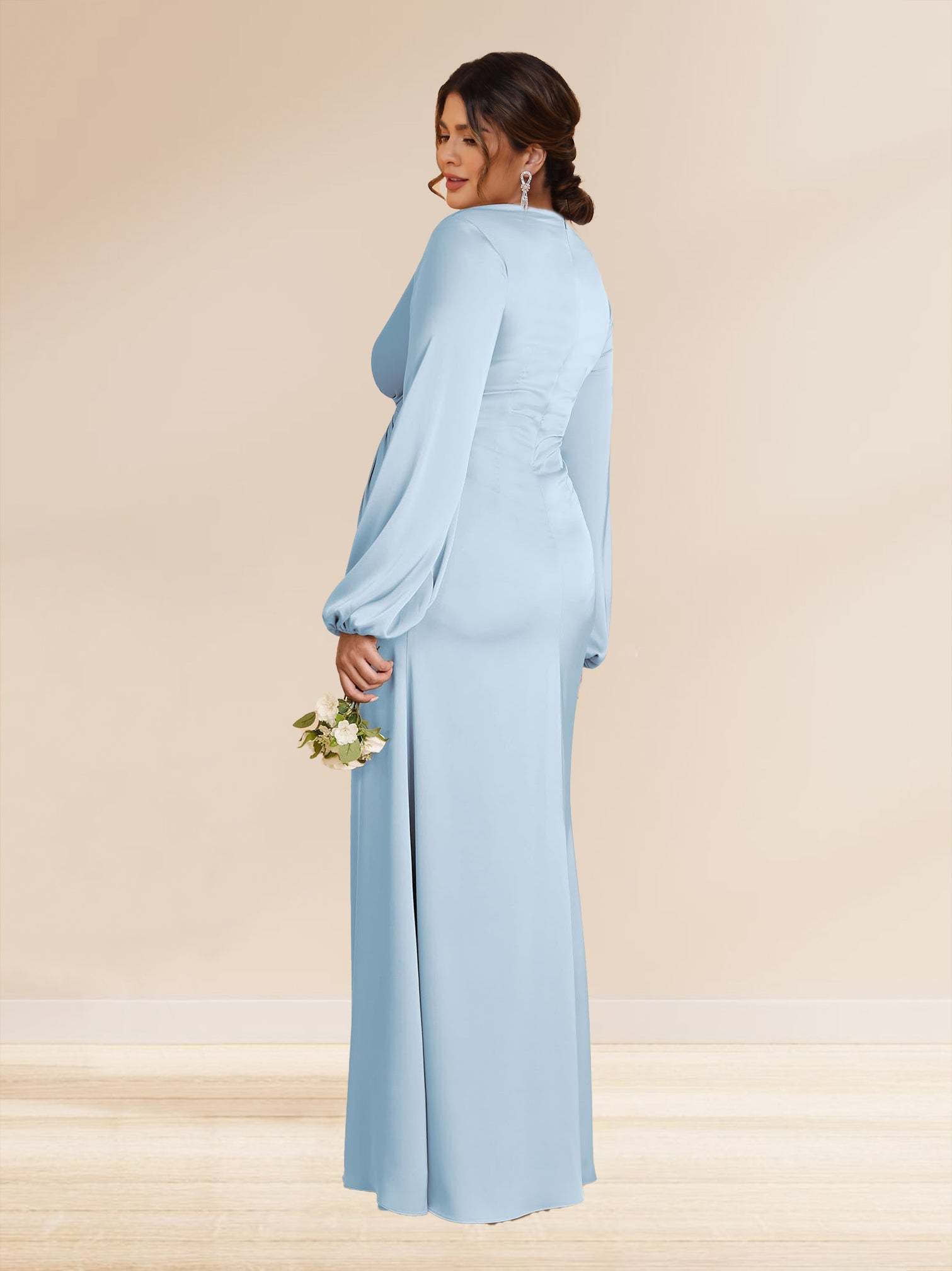 Sheath Column V Neck Long Sleeves Long Ruched Plus Size Bridesmaid Dresses