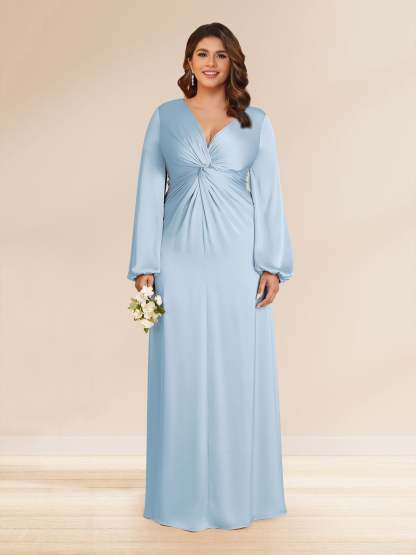 Sheath Column V Neck Long Sleeves Long Ruched Plus Size Bridesmaid Dresses