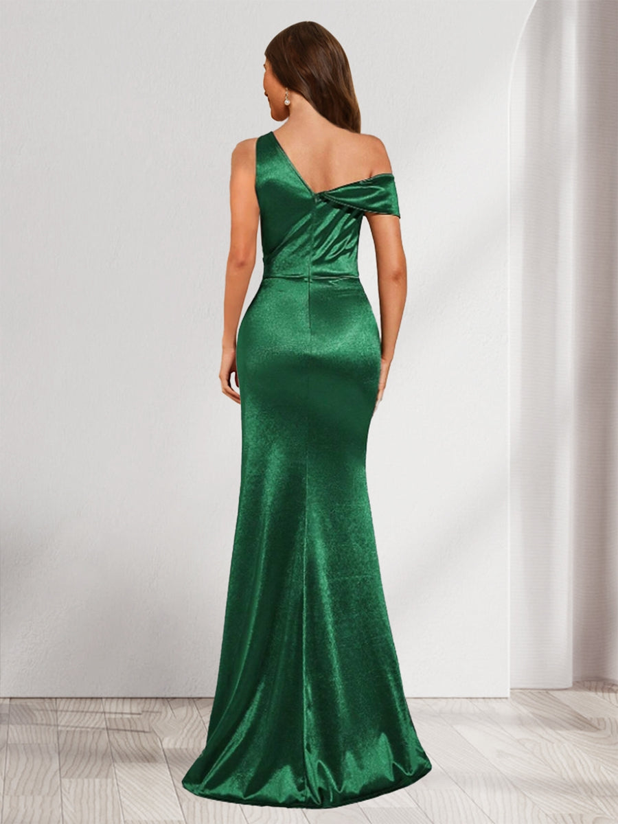 Sheath Column V Neck Sleeveless Floor Length Ruched Satin Bridesmaid Dresses with Split Side