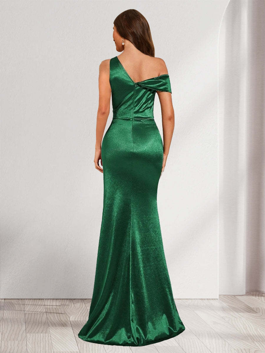 Sheath Column V Neck Sleeveless Floor Length Ruched Satin Bridesmaid Dresses with Split Side