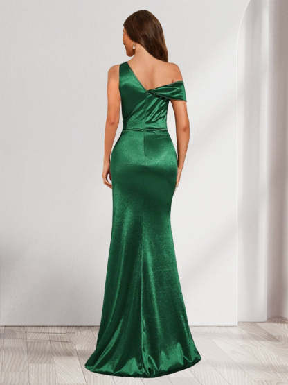 Sheath Column V Neck Sleeveless Floor Length Ruched Satin Bridesmaid Dresses with Split Side