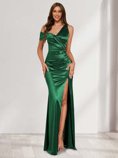 Sheath Column V Neck Sleeveless Floor Length Ruched Satin Bridesmaid Dresses with Split Side