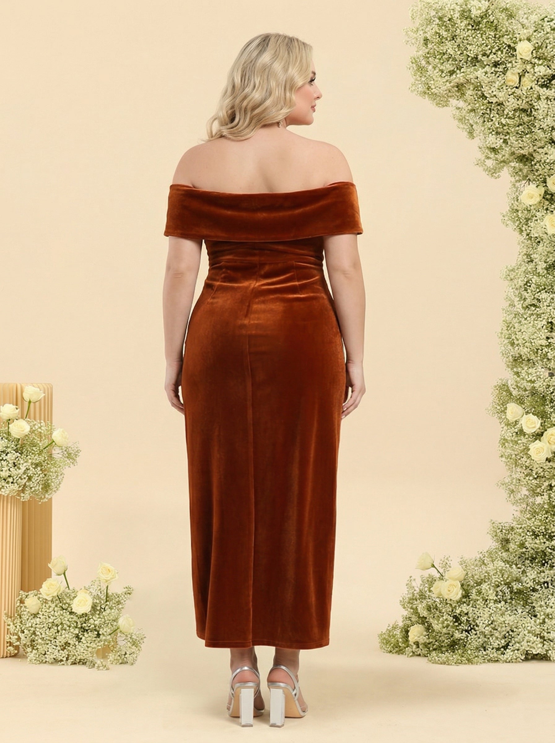 Sheath Column Velvet Off the Shoulder Plus Size Bridesmaid Dress With Split Side