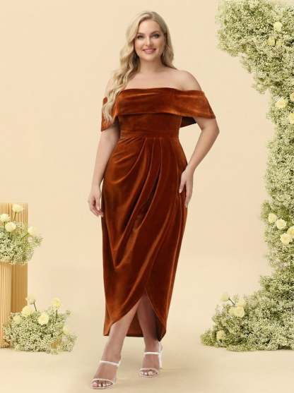 Sheath Column Velvet Off the Shoulder Plus Size Bridesmaid Dress With Split Side
