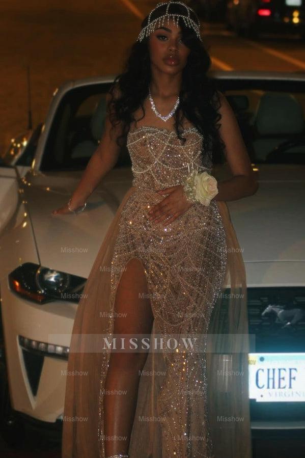 Shimmering A Line Sleeveless Strapless Sequined Beaded Prom Dress with Slit