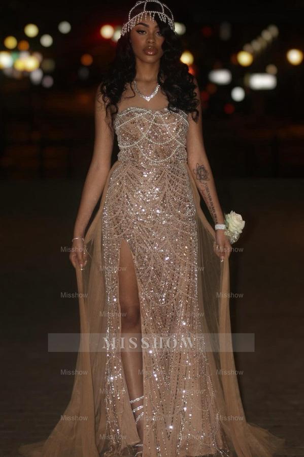 Shimmering A Line Sleeveless Strapless Sequined Beaded Prom Dress with Slit