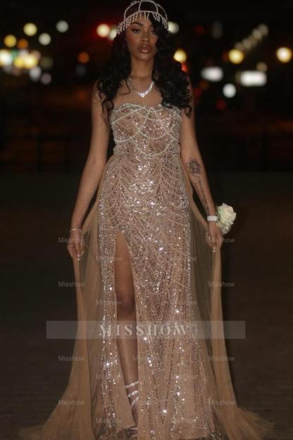 Shimmering A Line Sleeveless Strapless Sequined Beaded Prom Dress with Slit