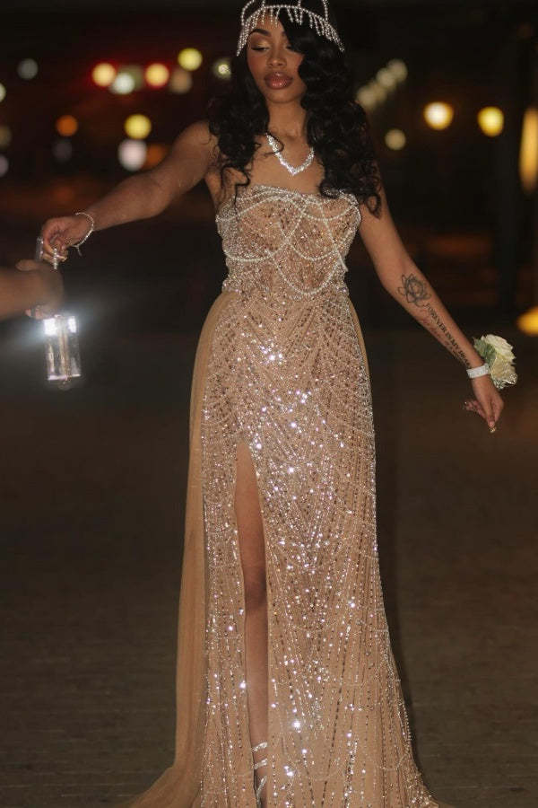 Shimmering A Line Sleeveless Strapless Sequined Beaded Prom Dress with Slit
