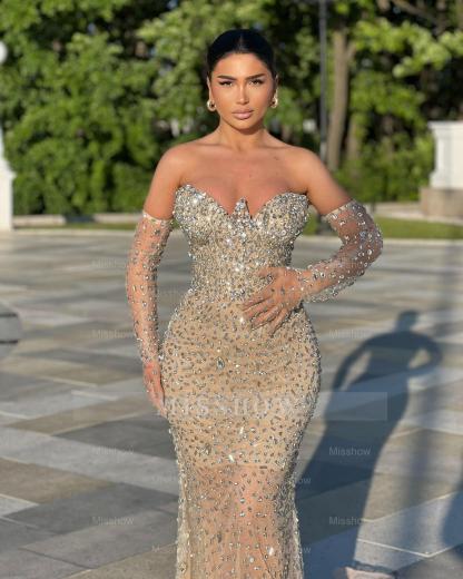 Shining Champagne Mermaid Strapless Sleeveless Beaded Tulle Long Prom Dress With Rhinestones